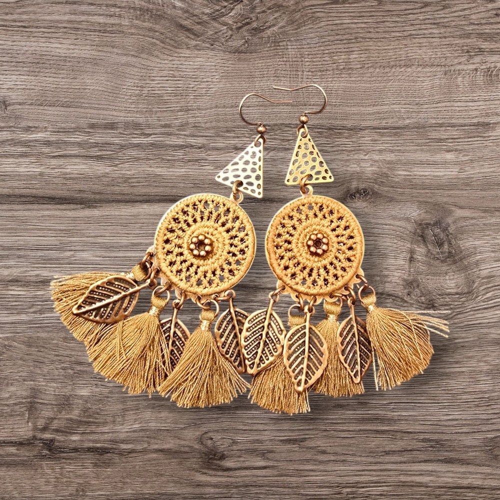 Boho Mandala Woven Earrings with Tassels